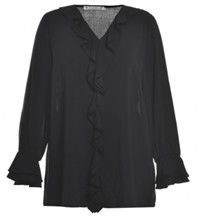 White / Black Color Fashion Ladies Blouse With Flounce In Front Placket And Sleeve End