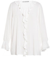 White / Black Color Fashion Ladies Blouse With Flounce In Front Placket And Sleeve End