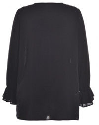 White / Black Color Fashion Ladies Blouse With Flounce In Front Placket And Sleeve End